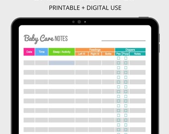 Baby Care Notes - Fillable - breastfeeding tracker, diaper tracker, newborn baby log, baby journal, baby diary, baby organizer