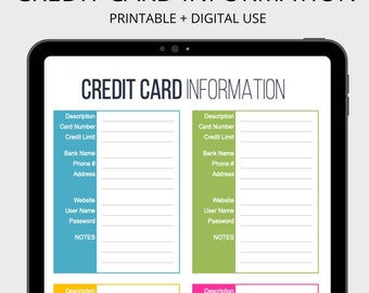 Credit Card Information Printable - Fillable - Personal Finance Organizing - INSTANT DOWNLOAD