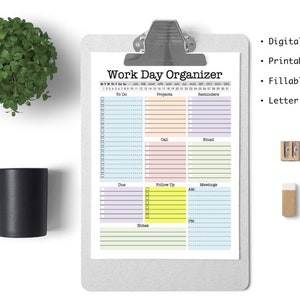 Work Day Organizer planner page, work planner, printable planner, digital planner, to do list, planner, daily, weekly, fillable pdf image 2