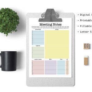 Meeting Notes printable pdf, work organizer, office organizer, meeting agenda, fillable pfd, digital planner, meeting notes planner image 2