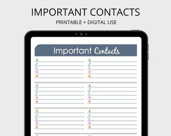 Important Contacts Printable PDF - Fillable Organizing Printable, Address Book, Household Binder, Household Management, Instant Download