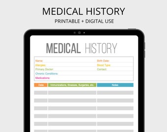 Medical History Printable - Healthcare Printables - Fillable - DIY Medical Binder - INSTANT DOWNLOAD