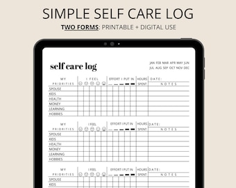 Self Care Log - Mental Health, Mood Tracker, Happiness Tracker, Personal Priorities, Printable PDF