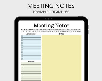 Meeting Notes - printable pdf, work organizer, office organizer, meeting agenda, fillable pfd, digital planner, meeting notes planner