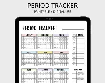 May include: A digital period tracker on a tablet screen. The calendar shows months from January to December, with space for cycle length and a colour key for flow. The text "Period Tracker" is at the top.