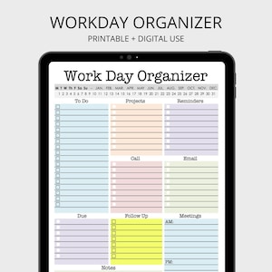 Work Day Organizer planner page, work planner, printable planner, digital planner, to do list, planner, daily, weekly, fillable pdf image 1