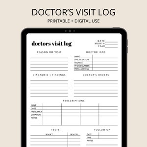 Puede incluir: Una plantilla de registro de visita al médico imprimible con secciones para la fecha, información del médico, motivo de la visita, diagnóstico, hallazgos, órdenes del médico, recetas, pruebas y seguimiento.