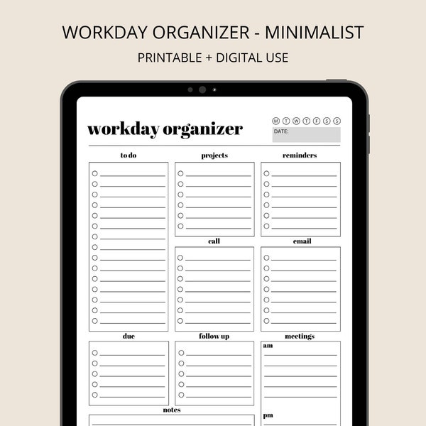 Work Day Organizer - Minimalist Digital Planner Page, Work Planner, Printable Planner, Digital Planner, To Do List, Planner, Office Planner