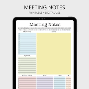 Meeting Notes printable pdf, work organizer, office organizer, meeting agenda, fillable pfd, digital planner, meeting notes planner image 1