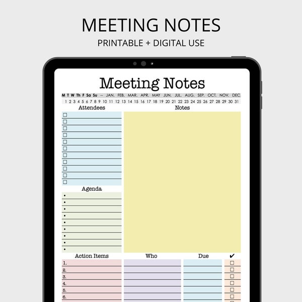 Meeting Notes - printable pdf, work organizer, office organizer, meeting agenda, fillable pfd, digital planner, meeting notes planner