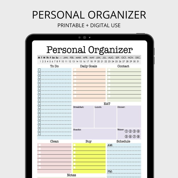 Personal Organizer - Daily planner, weekly planner, to do, checklist, printable planner, digital planner, fillable pdf - INSTANT DOWNLOAD