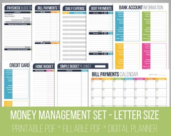 Money Management Set - Fillable, Financial Printables, Bill Organizer, Money, Budget Planner, Checklist, Household Finance, INSTANT DOWNLOAD