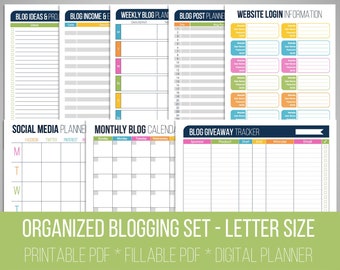 Organized Blogging Set - Fillable - Organizing Printables - Blog Content Planner Set - INSTANT DOWNLOAD