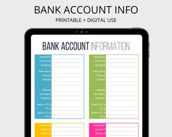 Bankrekeninggegevens afdrukbaar - invulbaar - persoonlijke financiën organiseren pdf - INSTANT DOWNLOAD