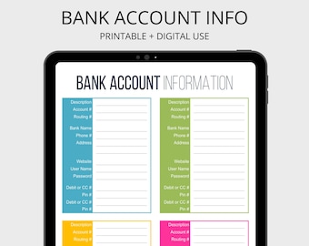 Bank Account Information Printable - Fillable - Personal Finance Organizing pdf - INSTANT DOWNLOAD