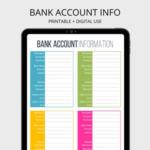 Bank Account Information Printable - Fillable - Personal Finance ...