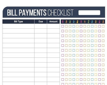 Bill Payment Checklist Printable - Fillable - Personal Finance Organizing pdf - INSTANT DOWNLOAD