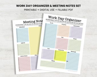 May include: Two printable work day organizers and meeting notes sets. The pages are white with a variety of pastel-colored sections for notes, to-do lists, and meeting agendas. The text "WORK DAY ORGANIZER & MEETING NOTES SET" is at the top.