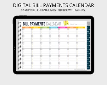 Digital Bill Payments Calendar - Digital Bill Organizer, Digital Bill Planner, Bills Tracker, Bill Planner, Billing Planner