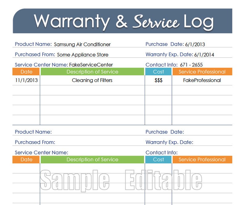 Warranty and Service Log Printable and Fillable Organizing PDF