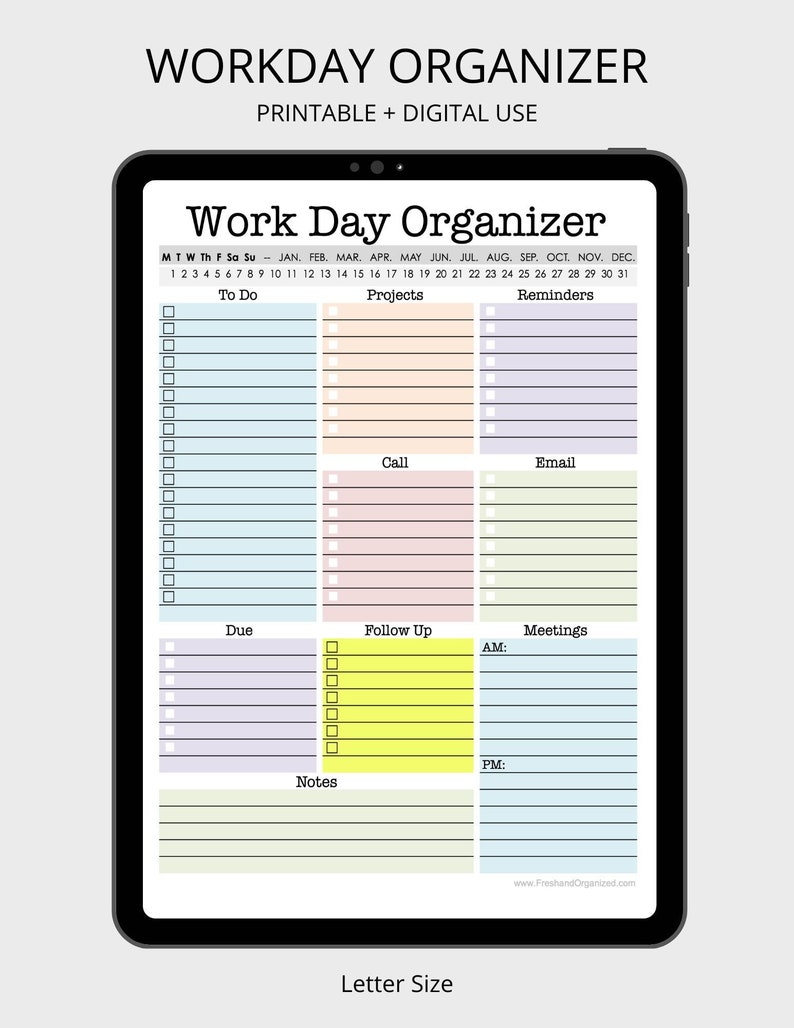 Work Day Organizer planner page, work planner, printable planner, digital planner, to do list, planner, daily, weekly, fillable pdf image 1