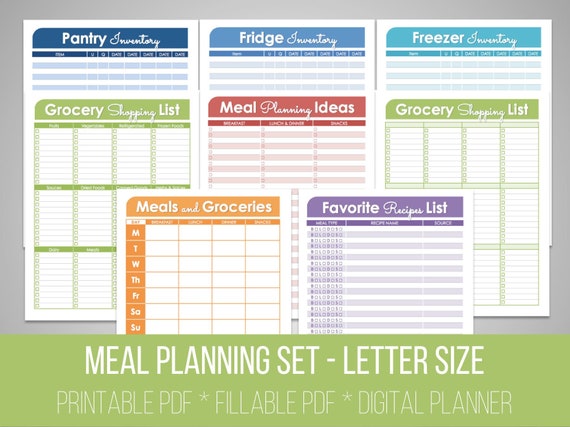 meal planning set organizing printables fillable meal planner kitchen inventory recipe ideas grocery shopping list instant download fillable grocery list