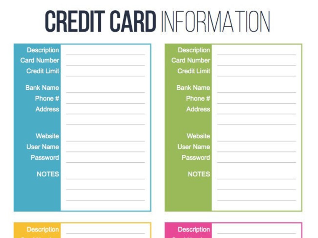 Credit Card Information Printable Fillable Personal Finance Organizing
