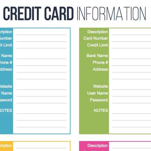Credit Card Information Printable Fillable Personal Etsy