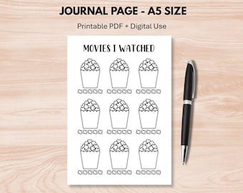 Movies Watched Tracker - Bullet Journal Printable - Film Log, Movie List, Bujo Page, A5 Journal Insert for Movie Lovers