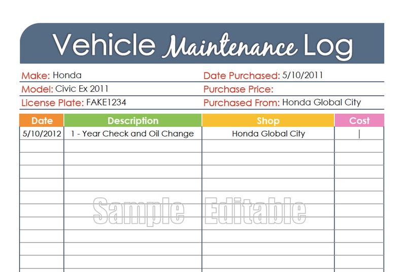 Vehicle Maintenance Log Car Maintenance Log Fillable Etsy