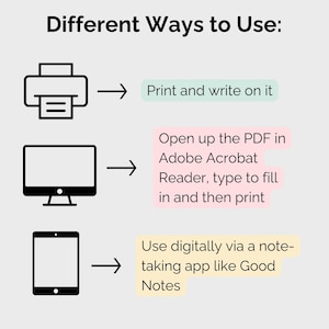 May include: Illustration showing three different ways to use a printable document: print and write on it, open in Adobe Acrobat Reader, type to fill in and then print, or use digitally via a note-taking app like Good Notes.