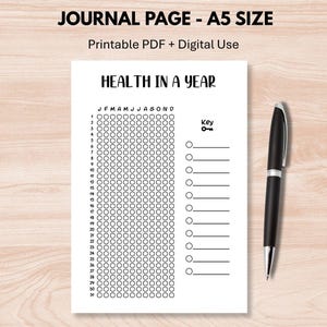 Puede incluir: Una página de diario A5 blanca con el texto "HEALTH IN A YEAR" y una cuadrícula para el seguimiento. La página incluye una llave y un bolígrafo negro. El texto "JOURNAL PAGE - A5 SIZE" está en la parte superior.