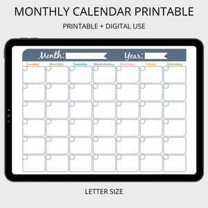 Monthly Calendar Printable - Undated, Fillable, Family Calendar, Household Binder, Planner Pages, Instant Download