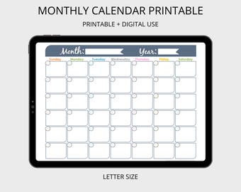 Monthly Calendar Printable - Undated, Fillable, Family Calendar, Household Binder, Planner Pages, Instant Download