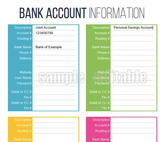 Bank Account Information Printable Fillable Personal Etsy