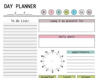 Day Planner Printable - Fillable PDF, Daily Planner, Weekly Planner, To Do, Checklist, Digital Planner, Instant Download, Printable Planner