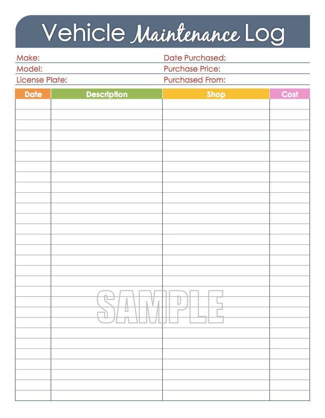 Vehicle Maintenance Log Car Maintenance Log Fillable - Etsy