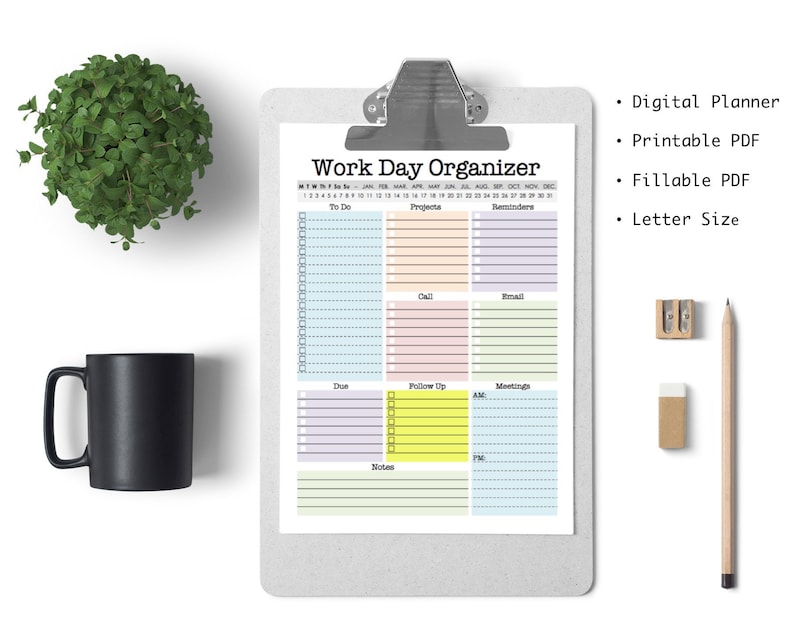 Work Day Organizer - planner page, work planner, printable planner, digital planner, to do list, planner, daily, weekly, fillable pdf 