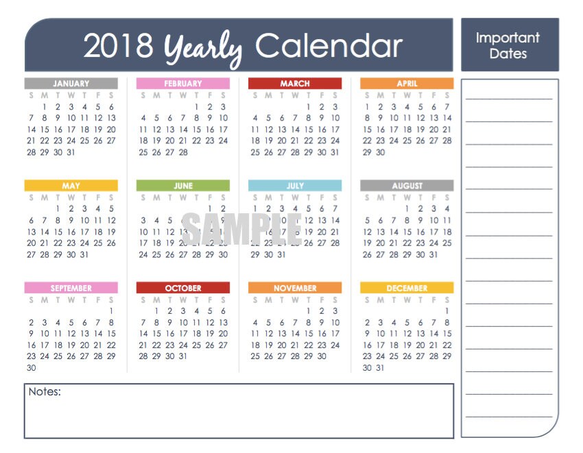 2018 printable calendar yearly 2018 calendar etsy