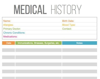 Medical History Printable - Healthcare Printables - Fillable - DIY Medical Binder - INSTANT DOWNLOAD