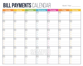 Bill Payments Calendar - Personal Finance Organizing Printables, Financial Binder, Bill Tracker, Digital Planner, Fillable PDF, Expenses