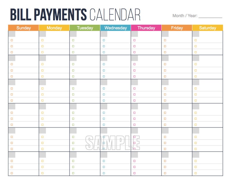 Bill Payments Calendar - Personal Finance Organizing Printables, Financial Binder, Bill Tracker, Digital Planner, Fillable PDF, Expenses 