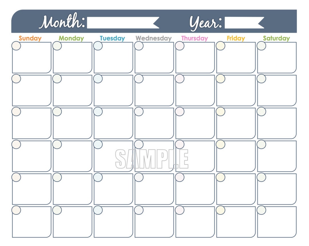 Monthly Calendar Printable Undated, Fillable, Family Calendar