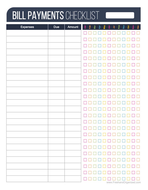 Bill Payment Checklist Printable Fillable Personal Finance - Etsy