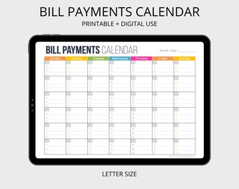 Bill Payments Calendar - Personal Finance Organizing Printables, Financial Binder, Bill Tracker, Digital Planner, Fillable PDF, Expenses
