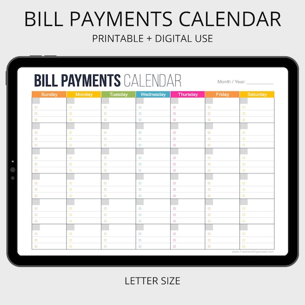 Bill Payments Calendar - Personal Finance Organizing Printables, Financial Binder, Bill Tracker, Digital Planner, Fillable PDF, Expenses