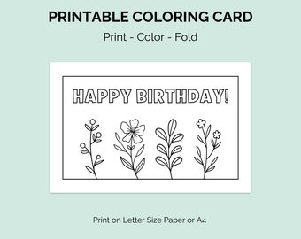 Printable Birthday Coloring Card - DIY Birthday Greeting Card - Colouring Card - Digital Download - Letter and A4 Size