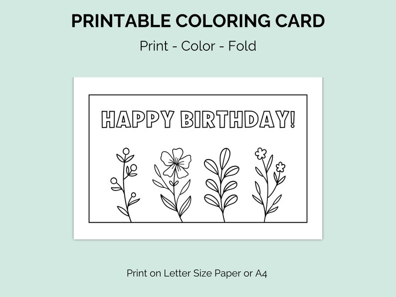 Printable Birthday Coloring Card DIY Birthday Greeting Card Colouring Card Digital Download Letter and A4 Size image 1