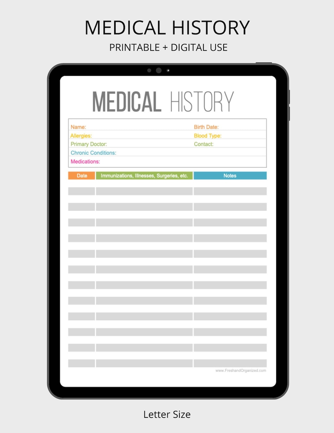 Medical History Printable - Healthcare Printables - Fillable - DIY ...