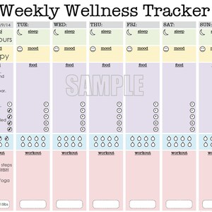 May include: A weekly wellness tracker with a light purple background. The tracker is divided into seven days of the week, with sections for sleep, mood, food, workout, and weight. The tracker includes a sample meal plan, a water intake tracker, and a space for recording steps and exercise.
